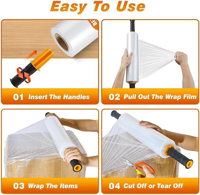 Stretch Film Shrink Wrap Large Item Kit (5"+18") x 1000 Ft for Moving Supplies, Heavy Duty Plastic Wrap Stretch Roll for Moving Boxes Toys Books Shipping Pallet Wrapping Furniture with Handles, Clear - Image 7