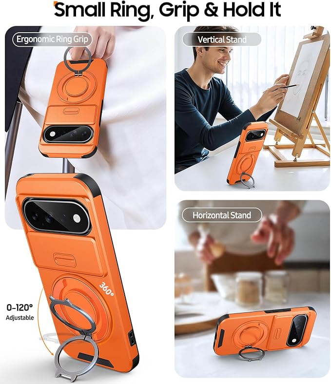 JAME for Google Pixel 10 Pro XL/11 Pro XL Case, Stand & Slide Camera Cover | Ring Holder Kickstand, Screen Protectors, Dual-Layer Shockproof Protective, Magnetic Accessory Friendly Phone Case, Orange - Image 3