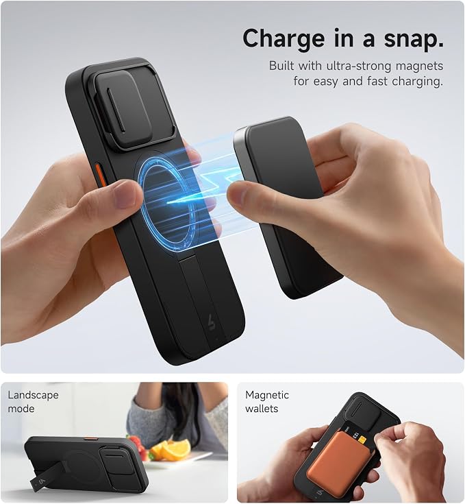 SURITCH for iPhone 15 Pro Case with Magnetic Camera Slide Cover and Adjustable Kickstand, Compatible with MagSafe, Shockproof Bumper Case Slim Protective Cover 6.1 Inch, Black - Image 3