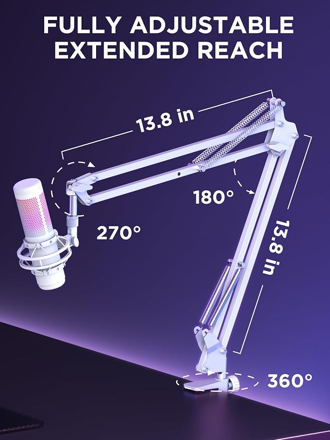 InnoGear Boom Arm Microphone Mic Stand for Blue Yeti Fifine HyperX, White | Desk Mount, Desktop Stands, Adjustable Reach, Rotate Fully, Folds Away Compactly, for Gaming, Streaming or Recording - Image 5