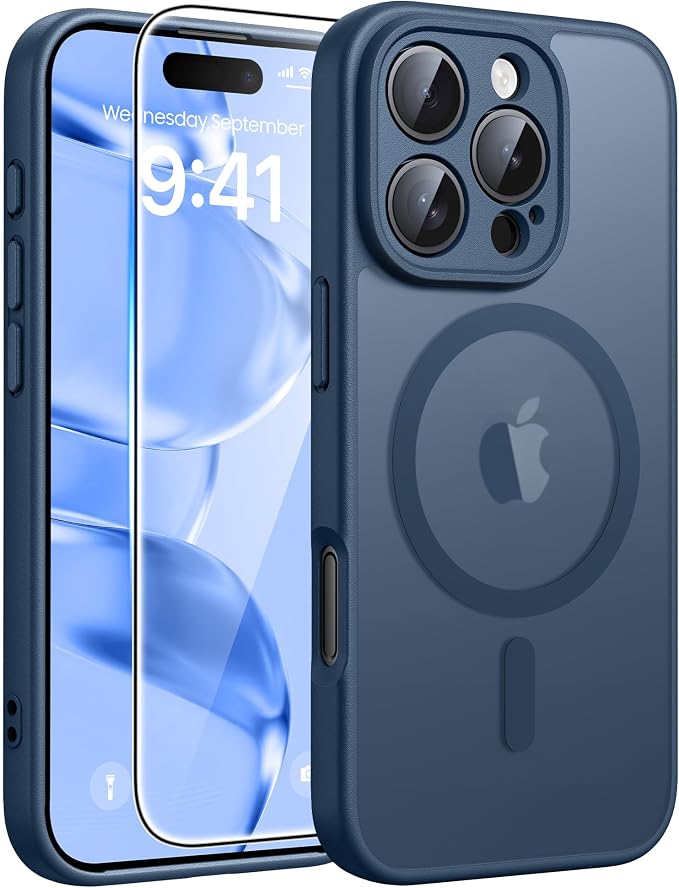 FNTCASE for iPhone 16 Pro Case, Fit for Magsafe, with Screen Protector Blue | Full Camera Protection, Translucent Matte, 14FT Military Grade Drop Proof, Shockproof Protective Phone Cover, Blue by FNTCASE