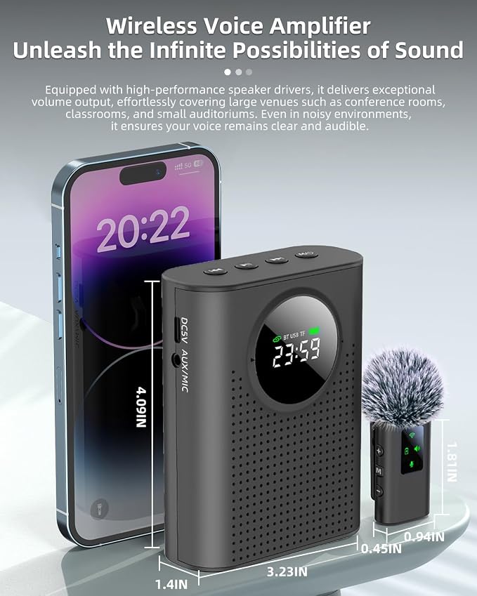 S67 Rechargeable Voice Amplifier Wireless Microphone Dual for Teachers Classroom, Mini Lavalier Lapel Mic Clip Magnetic, Bluetooth Speaker with LED Display for Class, Tour Guide, Coaches, Black - Image 8