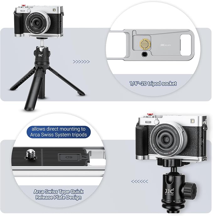 JJC Metal Hand Grip L-Bracket & Shutter Button for Fuji X-E5 Camera, Silver | Silicone Handgrip Cover, Anti-Slip Pads with SD Card Holder, Arca Swiss Quick Release Plate & 1/4"-20 Tripod Hole - Image 4