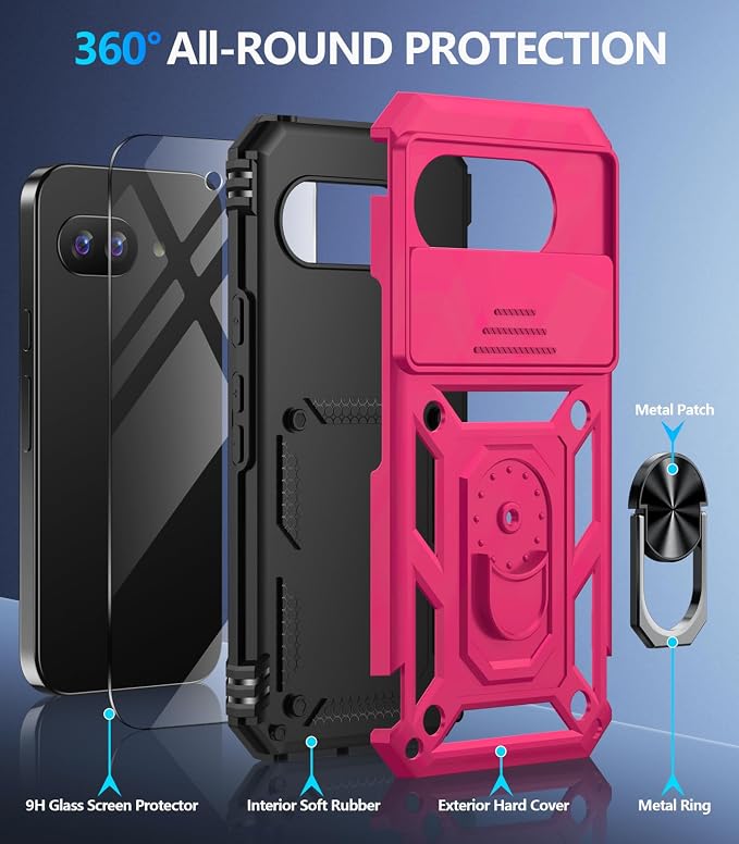 Taisairu for Google Pixel 10A Case with Screen Protector & Slide Camera Lens Cover,Built-in 360°Rotate Magnetic Ring Stand Shockproof Protective Phone Case for Google Pixel 10A Case (Hot Pink) - Image 2