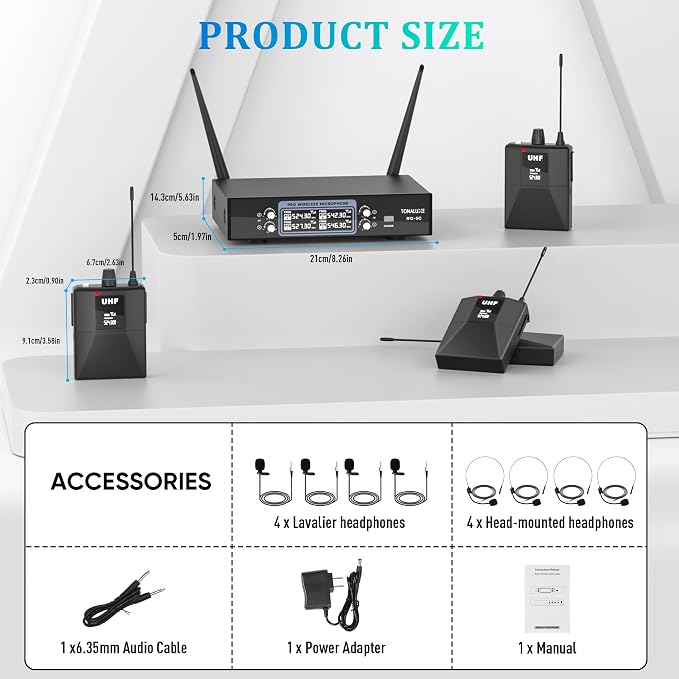 4 Channel Wireless Lapel Microphone System with 4 Headset Mics, 4 Lavalier Mics, UHF Metal Receiver, 4 Bodypacks, Independent Volume Control, 262ft Range for Home, Classroom, Church, Events - Image 9
