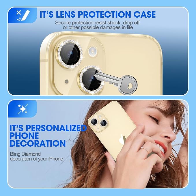 for iPhone 15/15 Plus Camera Lens Protector Bling Diamond, Yellow | Individual Metal, 9H Hardness, Scratch Resistant, Shockproof, Drop Protection, Case Friendly, Stylish Accessories - Image 3