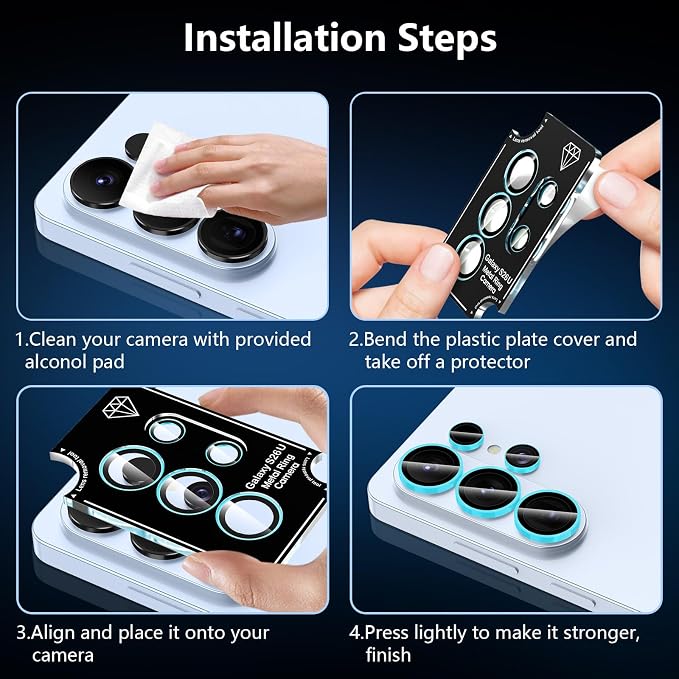 for Samsung Galaxy S26 Ultra Camera Lens Protector, Individual Metal Ring Tempered Glass Lens Cover, [Strong Adsorption] Scratch Resistant Ultra-Thin HD Clear Lens Cover, 1 Set-Blue Shine - Image 6