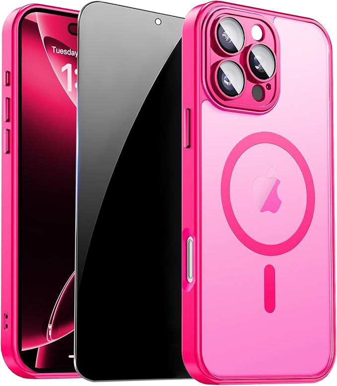 for iPhone 16 Pro Case with Privacy Screen Protector, Hot Pink | Full Camera Protection, Matte Translucent, Magnetic, Compatible with MagSafe, Shockproof Phone Cover for Women Girls by ZOZDOKG