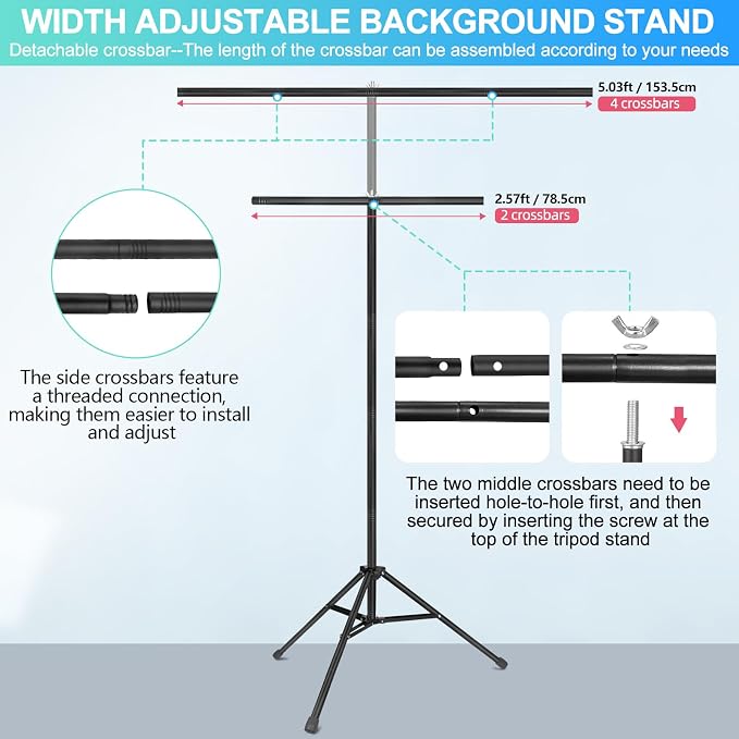 Black White Backdrop Screen with Stand Kit for Photo Video Studio Filming 5X6.5ft, Black Backdrop White Photo Curtain Background with T Shape Stand and 5 Spring Clamp for Photography Party Decorations - Image 4