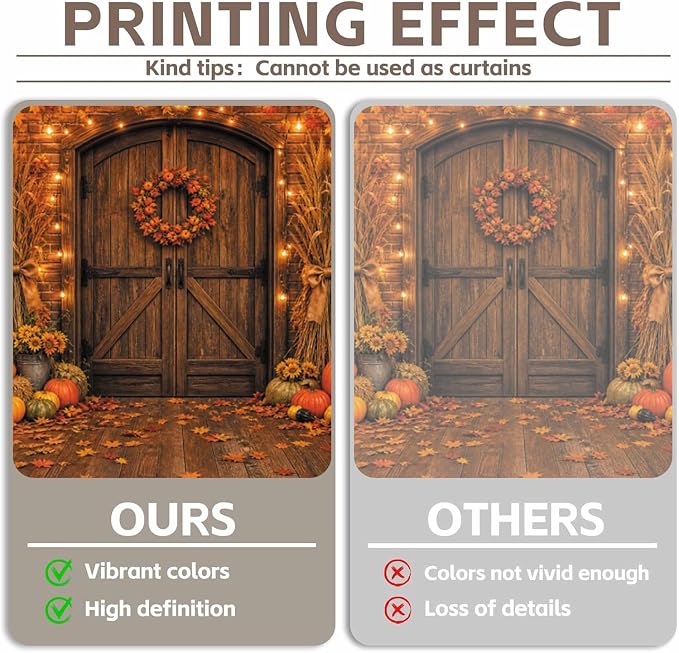Rustic Barn Wooden Door Fall Backdrop 12x10ft Brick Wall Maple Leaf String Light Thanksgiving Background Pumpkin Sunflower Haystack Harvest Autumn Famliy Party Decorations Vinyl - Image 3