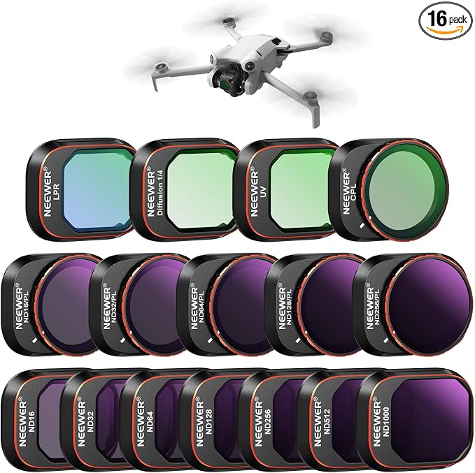 NEEWER Filter Set Compatible with DJI Mini 4 Pro, ND16 ND32 ND64 ND128 ND256 ND512 ND1000 ND16/PL ND32/PL ND64/PL ND128/PL ND256/PL, UV, CPL, LPR, Black Diffusion 1/4 Filter for Mist Cinematic Effect by Neewer