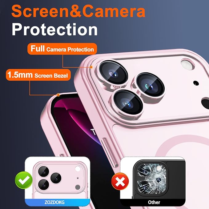 Magnetic for iPhone 17 Pro Max Case, Shockproof Cover, Pink | Full Camera Protector, with Privacy Screen Protector, Compatible with MagSafe, Translucent Matte, Military-Grade Protection - Image 6