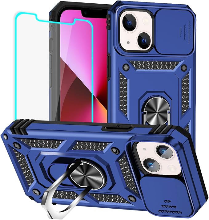 HNHYGETE for iPhone 13 Case with HD Screen Protector: [Military Grade 20ft. Drop Tested] Slide Camera Cover Ring Shockproof Protective Phone Case for - iPhone 13 (Blue) by HNHYGETE