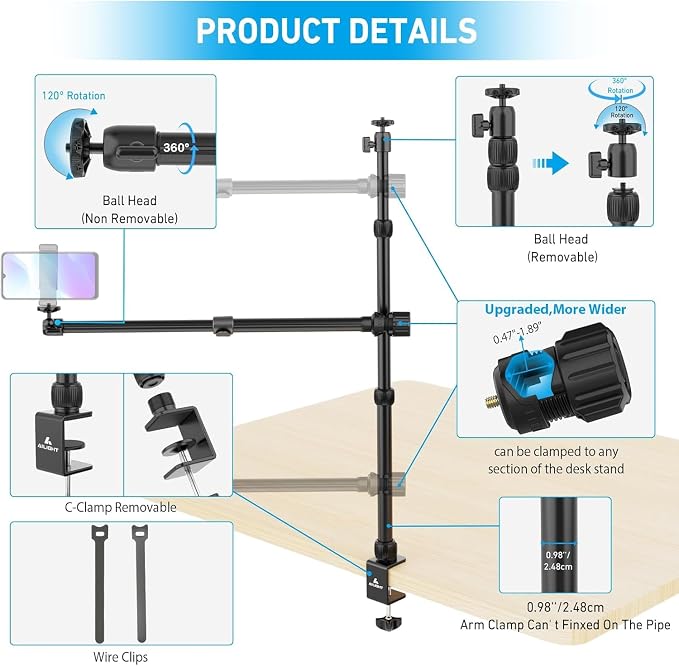Ailight Overhead Camera Mount Desk Stand, 15.75"-33.45" Webcam Mount with 2-Section Adjustable Telescopic Boom Arm, C Clamp/Swiveling Ball Head for DSLR Camera, Ring Light, Webcam - Image 6