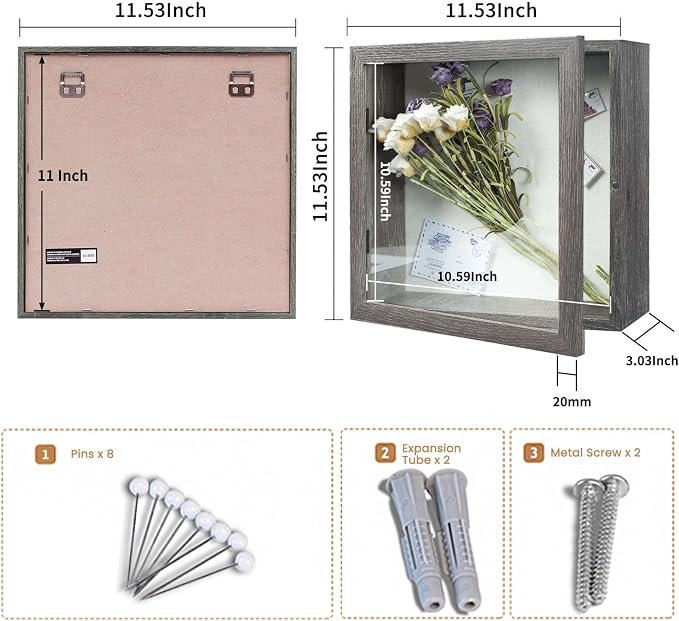 Muzilife 11x11 Shadow Box Picture Frame, 2.16 Deep, Real Glass,Texture Gray | FSC-Wood, Magnetic Door, Linen Interior & Pins, Vertical, Horizontal Wall Hanging, Display Case Frame for Photos & Keepsakes - Image 4