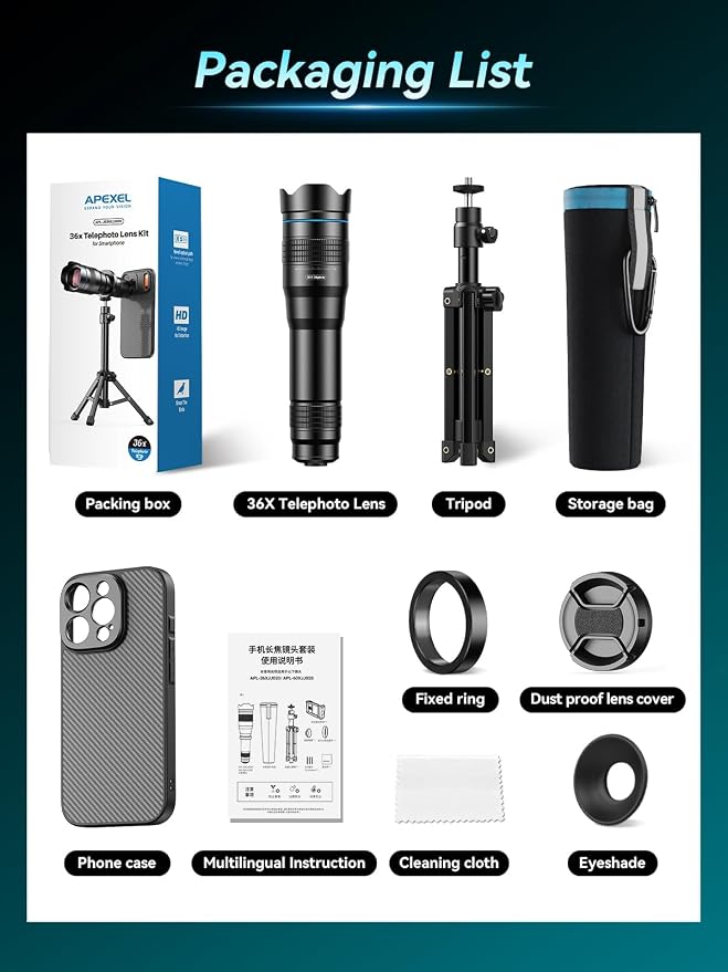 APEXEL 36x Telephoto Lens Compatible with iPhone 15 Pro | Photography for Travel, Birdwatching, Exploration | Kit with Sturdy Metal Tripod and Threaded Phone Case - Image 7