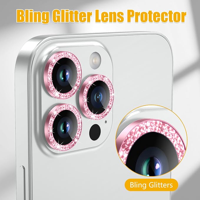 AGVEE 3+3 6 Pack for iPhone 14 Pro & Max Camera Lens Protector Cover | Individual Bling Diamond & Bling Glitter Sparkle Cute Gem Metal Ring, 9H Tempered HD Glass - Image 5