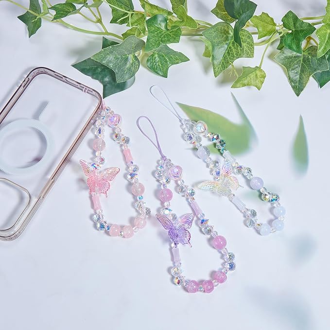 BEEFLYING Beaded Butterfly Phone Charm Wrist Strap for Case, Clear | Sparkling Y2K Cute Cellphone Chain, for Keychain Bag Camera Car Key Pendant - Image 6