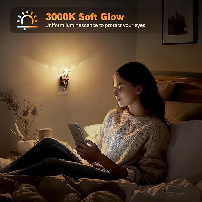 JandCase Night Light, Night Lights Plug into Wall, Glass Floral Nightlight | 0-100LM Dimmable LED Flower Nightlights, Dusk to Dawn Sensor, 1W Vintage Nite Light for Bathroom Hallway Gift Vanity Decor - Image 5
