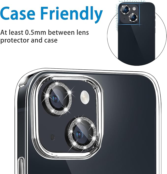 for iPhone 13 Mini & iPhone 13 Camera Lens Protector, Bling Glitter 9H Tempered Glass Camera Cover Anti Scratch Shockproof Screen Protector Individual Ring - 2Pcs Glitter Black - Image 2