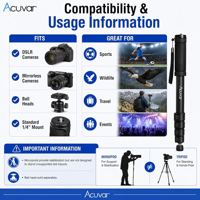 Acuvar 65 Inch Camera Monopod – Lightweight 4-Section Aluminum Monopod with Safety Strap for DSLR & Mirrorless Cameras - Image 9