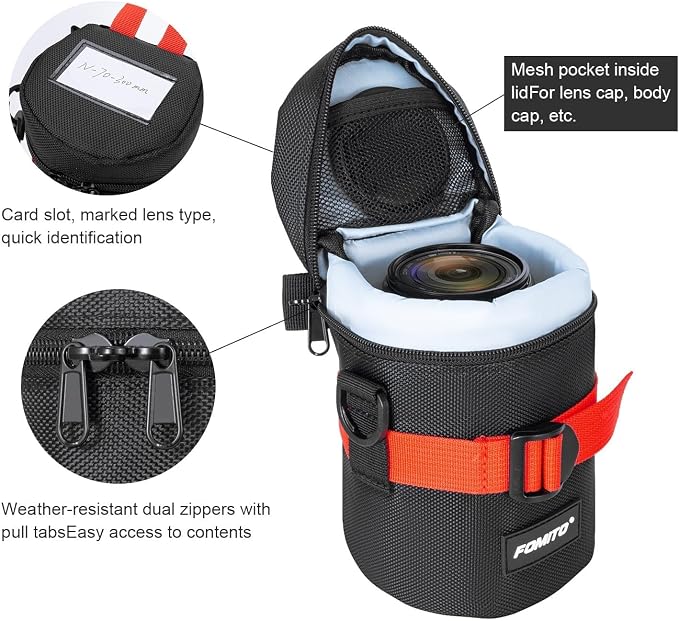 FOMITO M Size Water-Resistant Camera Lens Pouch Bag - Shockproof Protective Case with Mesh Pocket, Compatible with Canon EF-S 17-55mm, Nikon AF-S 18-200mm, Fujifilm XF 56mm & Lenses Under 3.94"x6.1" - Image 6
