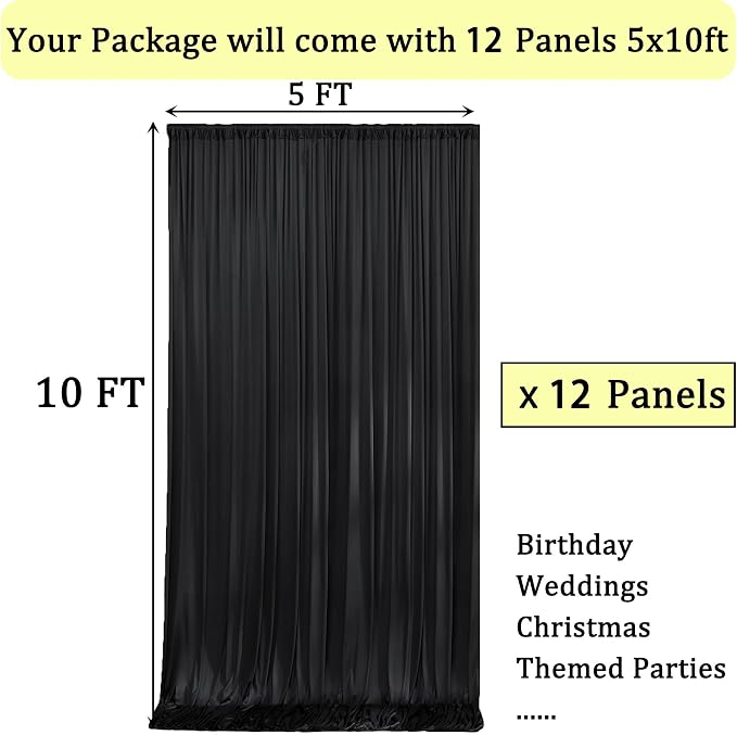 60ftx10ft Wrinkle Free Black Backdrop Curtains for Parties, Silky Polyester Photo Backdrop Drapes 12 Panels 5x10ft Back Drop Cloth for Wedding Birthday Baby Shower Photography Background - Image 5