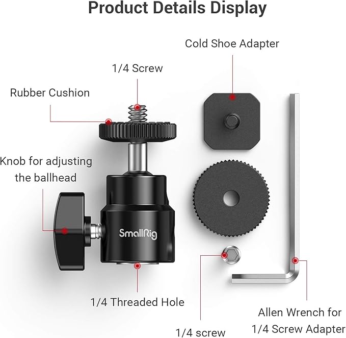 SmallRig 1/4" Camera Hot Shoe Mount, Ballhead Tripod with Additional 1/4" Screw, 2pcs Pack - 2059 | 1/4" Screw to Hot Shoe Adapter, Ballhead for 360° Adjustment, Includes Extra 1/4" Screw, 2pcs, Maximum Load 3kg - Image 5