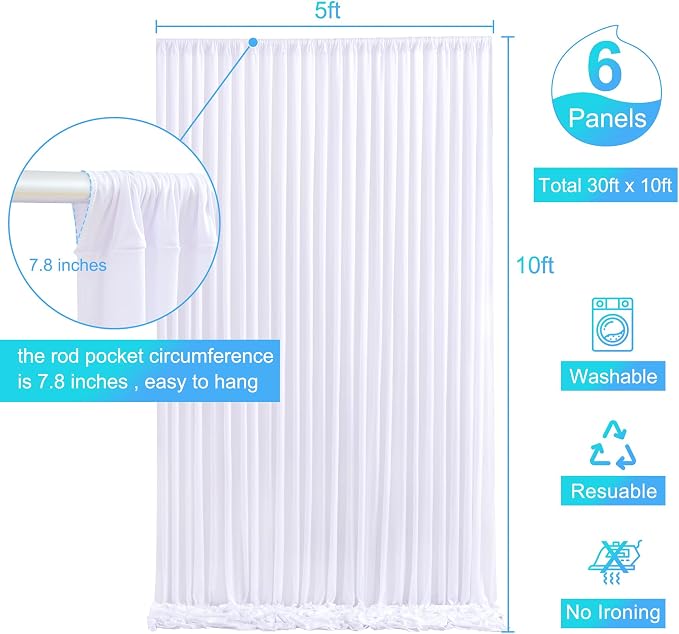 6 Panels White Backdrop Curtain for Parties Wedding Wrinkle Free White Photo Curtains Backdrop Drapes Fabric Decoration for Baby Shower 30ft(W) x 10ft(H) - Image 5