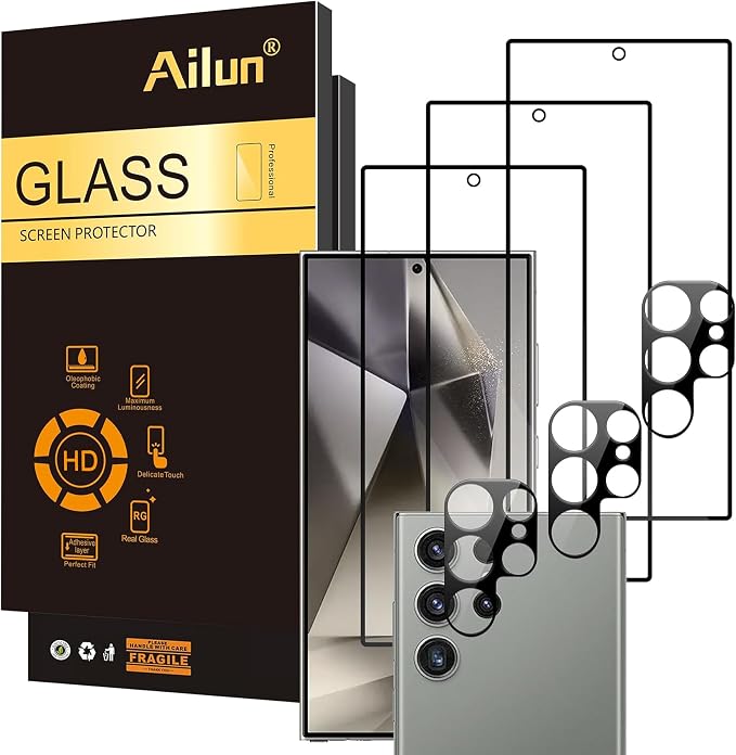 Ailun Screen Protector + Camera Lens Protector for Galaxy S24 Ultra | 3+3 Pack, 6.8 Inch, Tempered Glass, Fingerprint Unlock, 0.25mm Ultra Clear, Case Friendly by Ailun