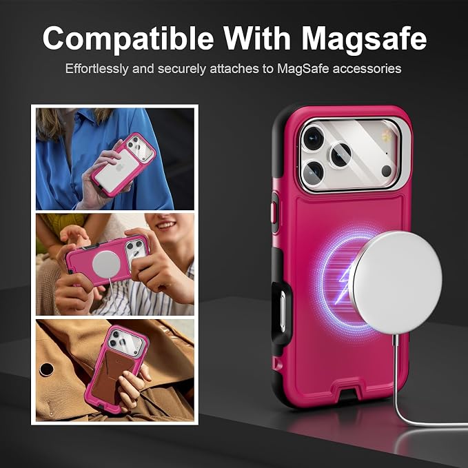 Follaroma Magnetic for iPhone 17 Pro Max Case with Camera Stand, Hot Pink | Built-in Glass Camera Cover Stand,Compatible with MagSafe,Heavy Duty Shockproof Protective,Military-Grade Anti-DropDual Case - Image 4