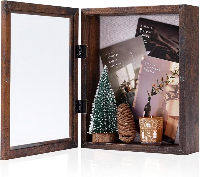Muzilife 8x10 Shadow Box Picture Frame, 2.16 Deep, Real Glass, Honey Brown | FSC-Wood, Magnetic Door, Linen Interior & Pins, Vertical, Horizontal Wall Hanging, Display Case Frame for Photos & Keepsakes by Muzilife