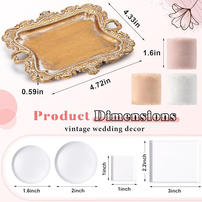 Cinnvoice 8 Pcs Flat Lay Photography Props Set for Jewelry & Wedding Details, Vintage Jewelry Tray, Acrylic Display Blocks, Chiffon Silk Ribbon for Bridal Party Decor Gift(2 Square 2 Round Bases) - Image 3