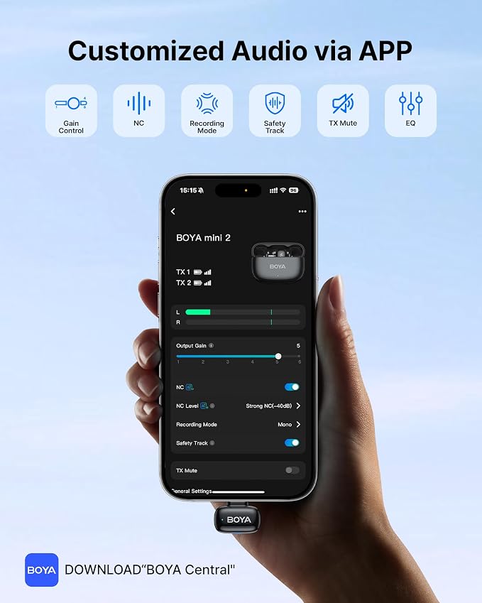 BOYA mini 2 Wireless Lavalier Microphone for iPhone 5-17 & Android Phone | AI Noise Cancellation, 48kHz/24bit, 30H Battery with Charging Case for Video Recording, Vlogging, Live Streaming, Interviews - Image 6