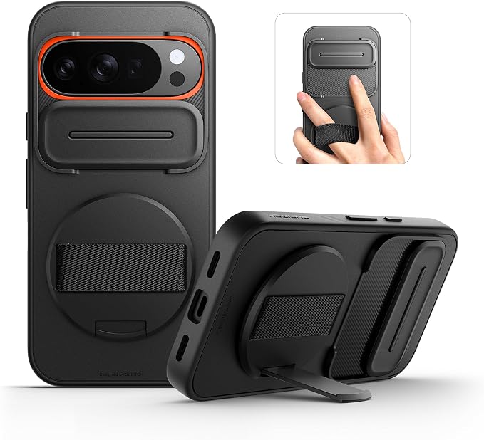 SURITCH for Google Pixel 10/10 Pro Case with 360° Rotatable Hand Strap Phone Grip Holder & Invisible Kickstand & Slide Camera Cover, Protective Cover for Pixel 10/10 Pro -Black by SURITCH