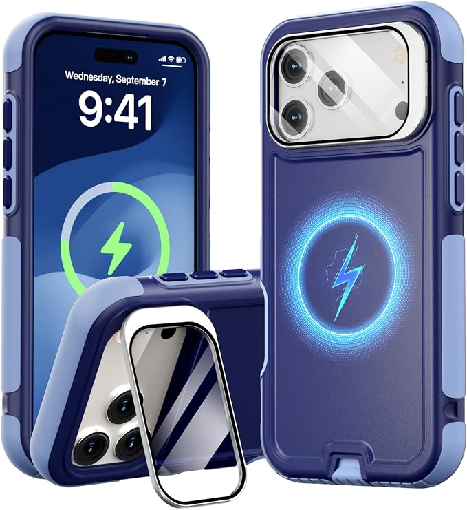 Follaroma Magnetic for iPhone 17 Pro Case with Camera Stand, Blue-Purple | Built-in Glass Camera Cover Stand,Compatible with MagSafe,Heavy Duty Shockproof Protective,Military-Grade Anti-DropDual Case by Follaroma