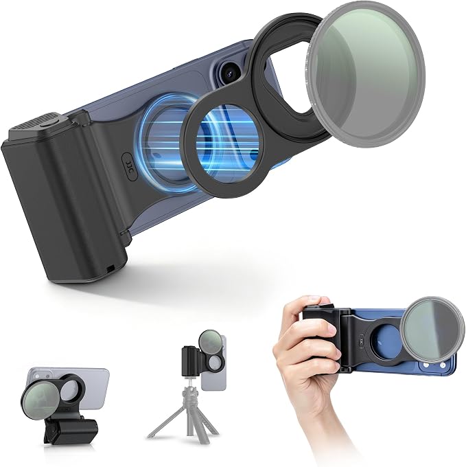 JJC Magnetic 67mm iPhone Filter Mount Adapter with Phone Camera Grip | Compatible with iPhone 17 16 15 14 Pro Series, Remote Control, Dual-side Magnetic & 1/4" Tripod Screw, for Mobile Filmmaking by JJC