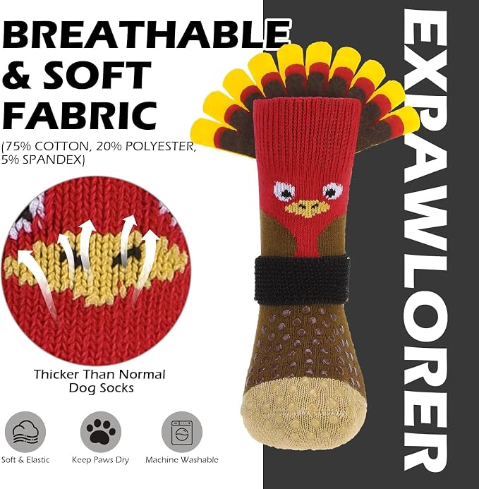 EXPAWLORER Thanksgiving Anti Slip Dog Socks to Prevent Licking Paws,Boots & Paw Protectors with Grippers,Doggie Booties for Hardwood Floors for Small Medium Large Senior Dogs Lifelike Costume Turkey M - Image 6