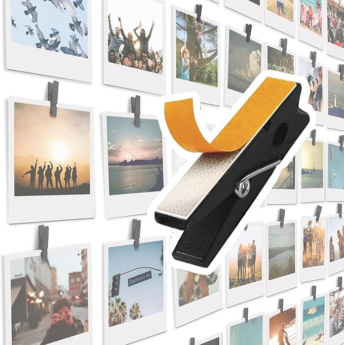 20 Pack Mini Self Adhesive Clips for Pictures - Black Wood Clip Photo Holders for Wall, Poster Hanger, Photo Cards Hanging Display Board & Picture Boards, Artwork Photos Holders Card Room Decor by TOROS