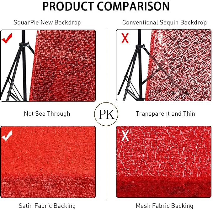 SquarePie 7x7ft Red Sequin Backdrop, High Density Non-Transparent Glitter Curtain for Photography, Birthday, Wedding Party Decorations, Thick Solid Background with 4" Rod Pocket, 1 Panel - Image 7