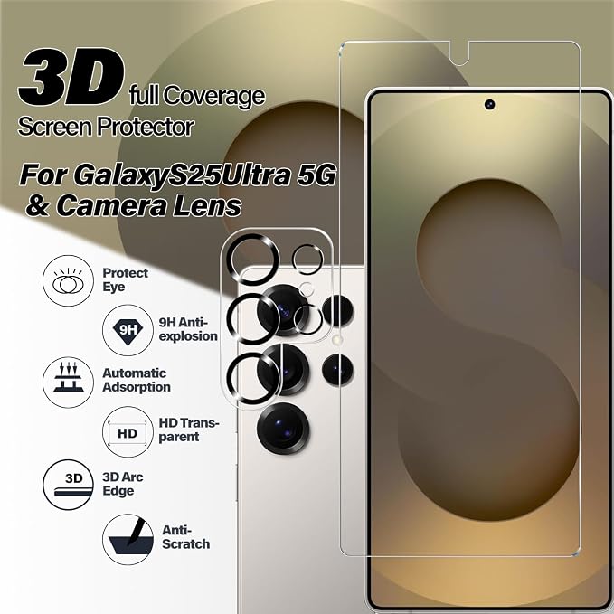 BIGFACE Galaxy S25 Ultra Tempered Glass Screen Protector + Camera Lens Protector [2 + 2 Pack][Case Friendly][Anti-Scratch][Ultrasonic Fingerprint Unlock]HD Protective Film for Samsung Galaxy S25 Ultra - Image 3