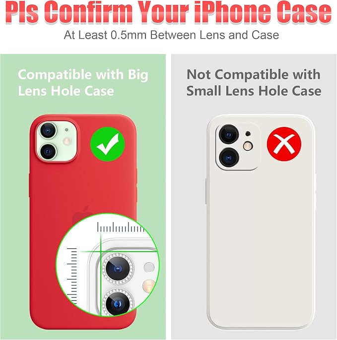 AGVEE 3+3 6 Pack for iPhone 12 & Mini & Pro Camera Lens Protector Cover | Individual Bling Diamond & Bling Glitter Sparkle Cute Gem Metal Ring, 9H Tempered HD Glass - Image 3
