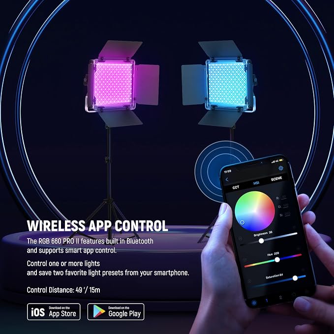 NEEWER Upgraded 660 PRO II RGB LED Video Light w App Control Tripod Stand | 2 Pack Kit, 50W, 1% Min Dimming, CRI97+, 3200K-5600K, for Game Streaming YouTube Studio, Bluetooth - Image 4