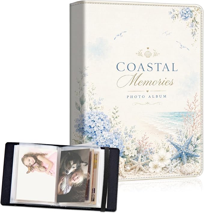DEGDFSGR 5x7 Small Photo Album, 60 Pockets Holds 120 Photos | Slip-in pockets, black elastic band, portable for family, wedding, baby, travel photos, Seaside Coastal Hydrangea Seashell by Unknown