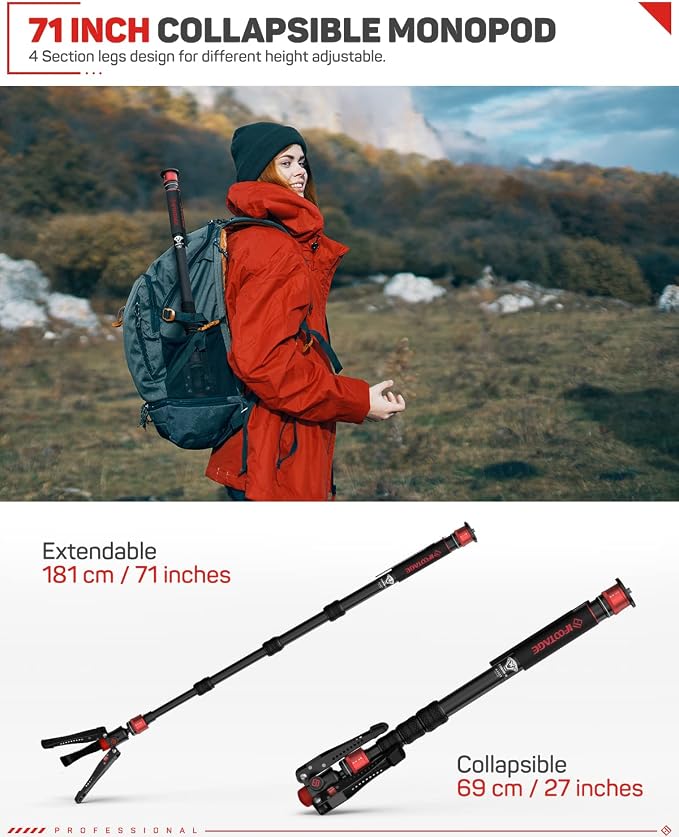 IFOOTAGE Cobra 3 A180T Camera Monopod with Feet 71" | Aluminum Monopod Camera Stand Compatible with Sony Canon Nikon DSLR Cameras, Stable Feet Design, Payload 17.64lbs/8KG - Image 5