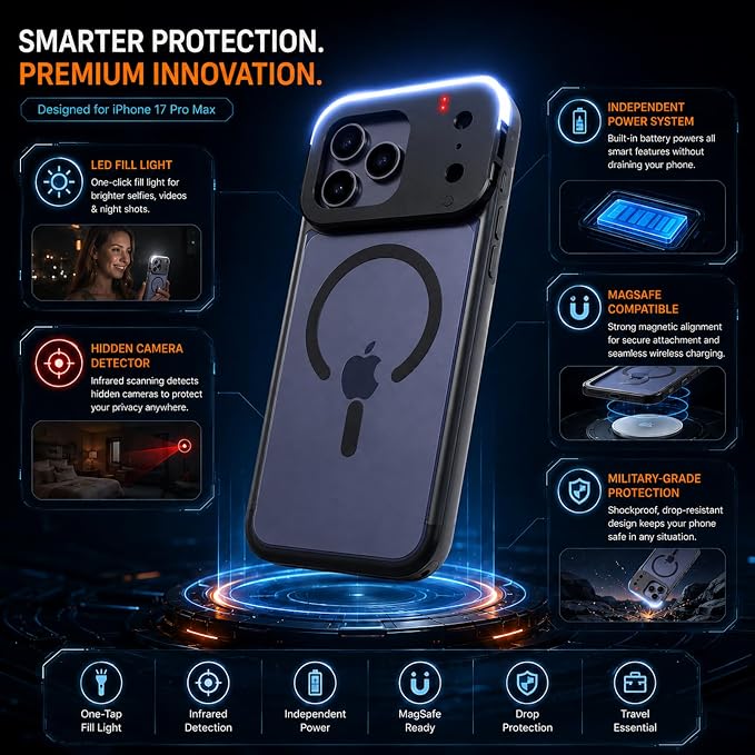 tesha Selfie Light Case for iPhone 17 Pro Max, MagSafe, Camera Detector | 2-Level LED Brightness, IR Hidden Camera Scanner, Drop Protection, Rechargeable Light Up Cover, No APP Needed for Video Vlog - Image 7