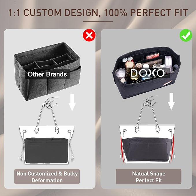 Doxo Purse Organizer Insert for Handbags & Base Shaper 2pc Set, Felt Neverfull PM Organizer Insert, Tote Bag Organizer with Zipper Pocket and Bottle Holder, Fit Neverfull PM and More, Black-M - Image 5