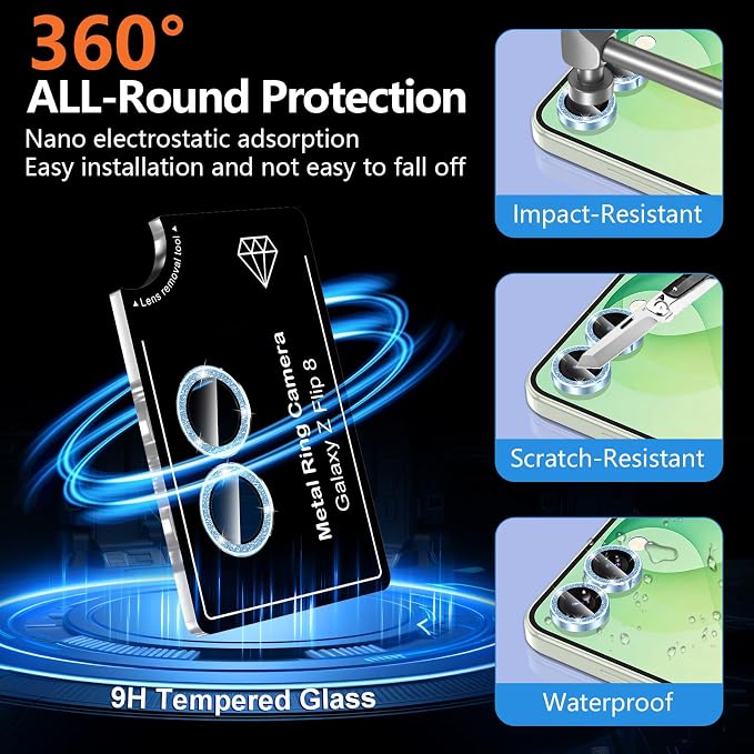 for Samsung Galaxy Z Flip 8 Camera Lens Protector, Individual Metal Ring Tempered Glass Lens Cover, [Strong Adsorption] Scratch Resistant Ultra-Thin HD Clear Lens Cover, 1 Set-Blue Sparkly - Image 2