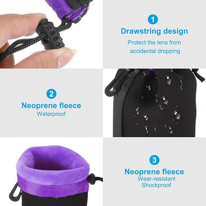 PATIKIL Camera Lens Bag, 2.8" IDx3.9 H Drawstring Lens Pouch with Thick Protective Neoprene, Lens Case for DSLR Camera Lens, Water Coffee Cups, Black, Purple - Image 4
