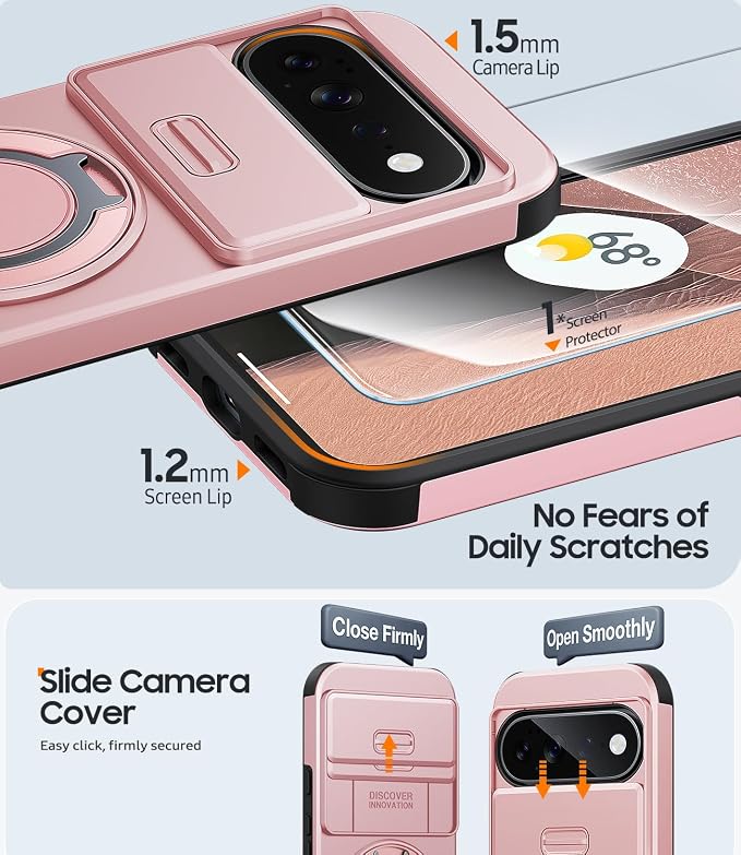 JAME for Google Pixel 10 Pro XL/11 Pro XL Case, Stand & Slide Camera Cover | Ring Holder Kickstand, Screen Protectors, Dual-Layer Shockproof Protective, Magnetic Accessory Friendly Phone Case, Pink - Image 5